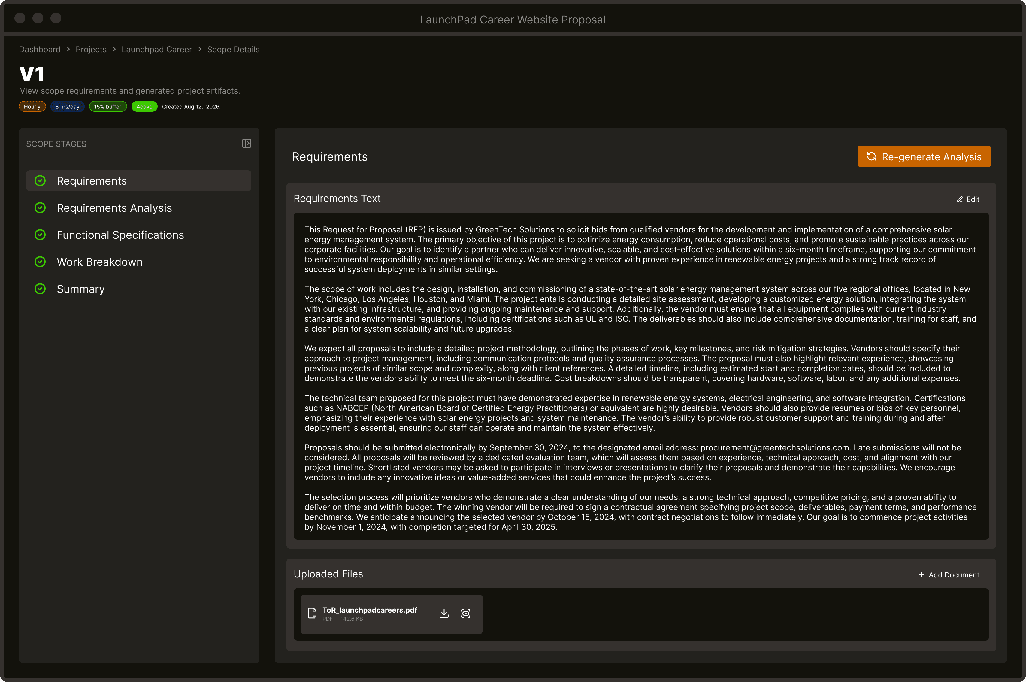 Requirements brief and uploaded files in Prophic